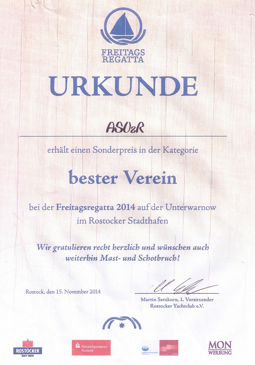 Urkunde Freitagsregatta 2014